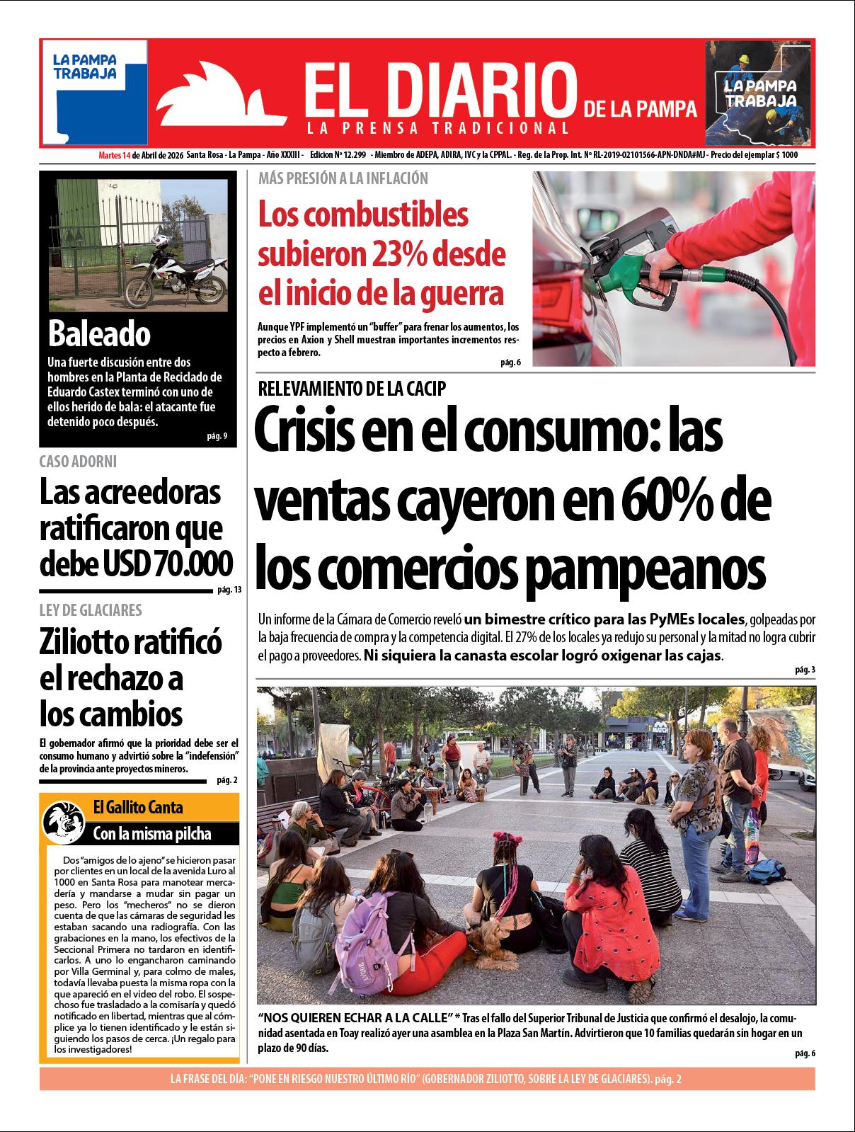 Tapa de El Diario en papel  martes 14 de abril de 2026